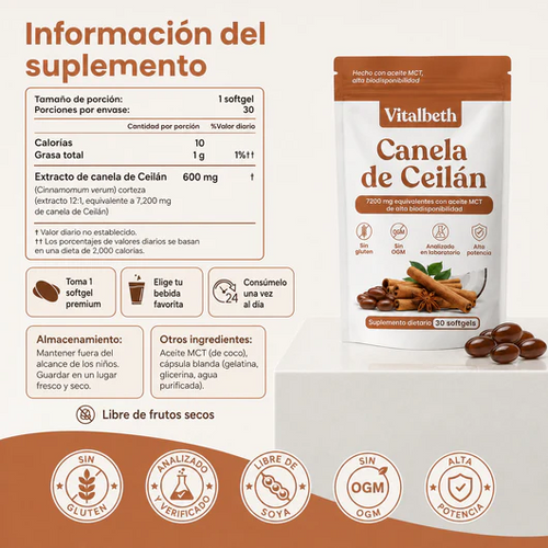 CanelaPura Vitalbeth™ Canela de Ceilán — Equilibrio Glucémico Avanzado 7200mg